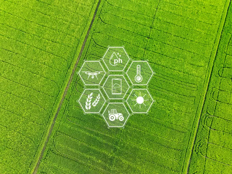 Fazenda conectada vista por drone com análise preditiva de temperatura do solo, pH e irrigação inteligente